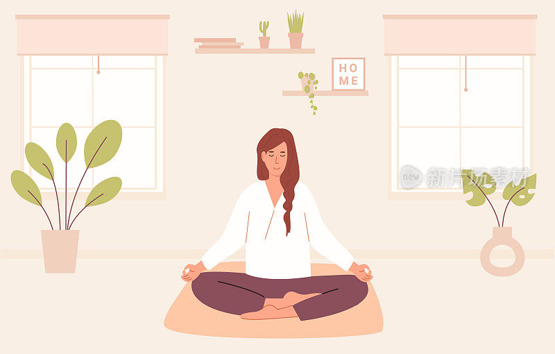 年轻女性盘腿闭眼在家冥想。女人盘腿坐在舒适的现代房间里练习瑜伽或冥想。腹部呼吸精神练习。向量。