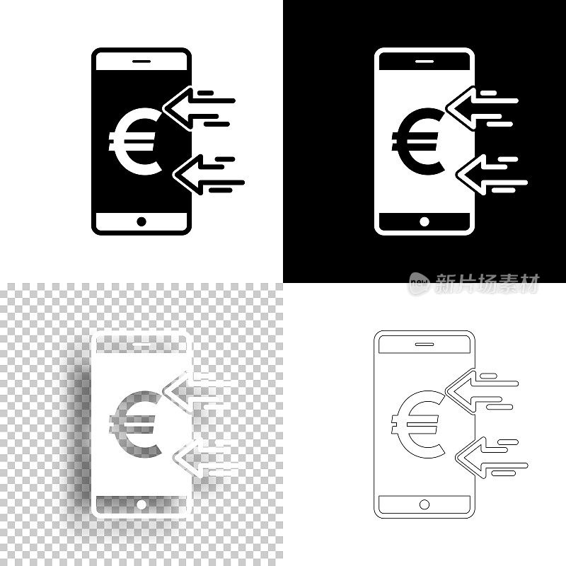 用智能手机接收欧元。图标设计。空白，白色和黑色背景-线图标