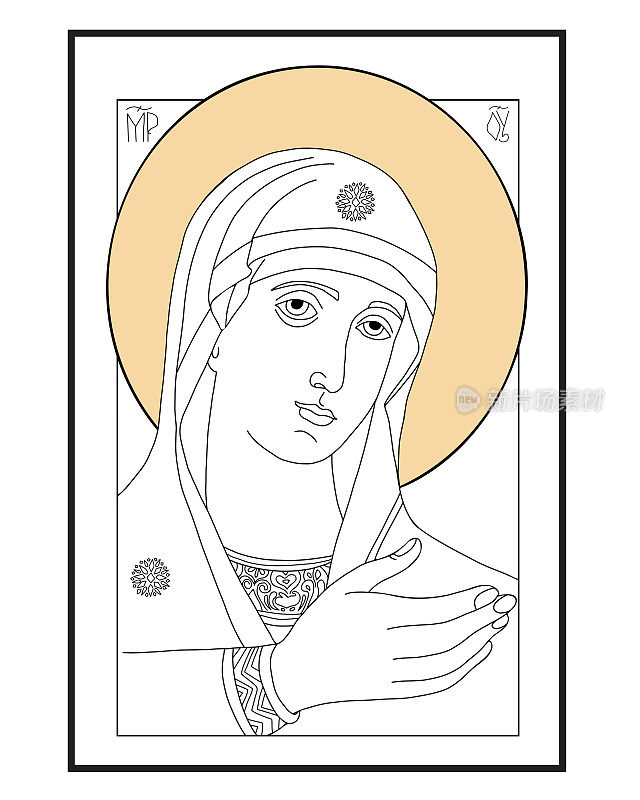 东正教的圣像圣母玛利亚的母亲，天堂的女王。圣母玛利亚听到一声。线性手绘。矢量插图的基督教和天主教社区，设计，装饰的宗教节日