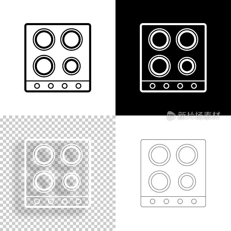 电炉顶视图。图标设计。空白，白色和黑色背景-线图标