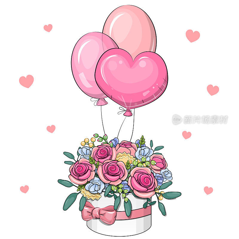 可爱的卡通玫瑰花束，白色盒子，粉红色的蝴蝶结和气球。