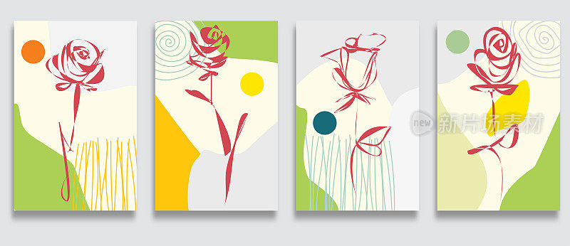 矢量现代时尚的颜色时尚卡套线艺术涂鸦手工植物玫瑰花和叶子图案模板横幅设计元素集合，美丽在自然抽象背景