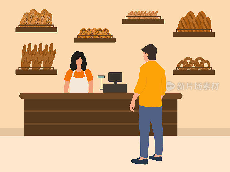 面包店，面包，法棍，牛角包，百吉饼和肉桂卷。收银员站在收银台，顾客在买面包。