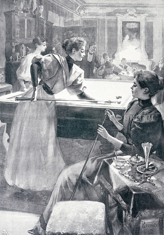 女子打台球:晚上的娱乐活动