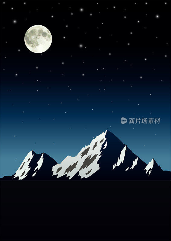 夜晚的蓝色景观与山脉，明亮的星星和满月在天空中