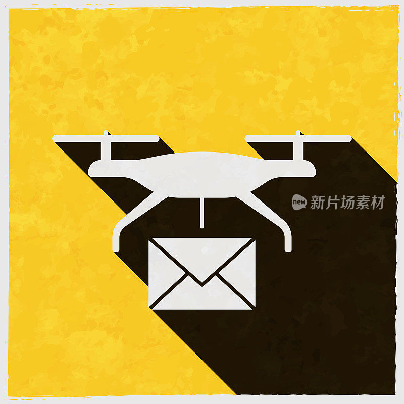带邮件的送货无人机。图标与长阴影的纹理黄色背景
