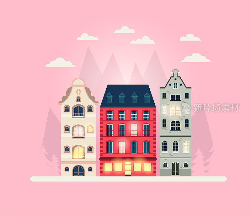 矢量插图阿姆斯特丹仙女的房子。斯堪的纳维亚山城