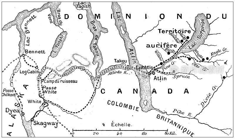 古董插图:加拿大育空地区的淘金热。阿特林湖的第一个定居点