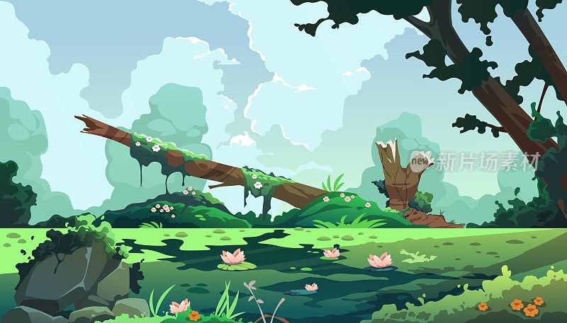 沼泽卡通景观。森林背景与沼泽和湖泊，卡通幻想池塘与苔藓和芦苇植物。向量游戏说明