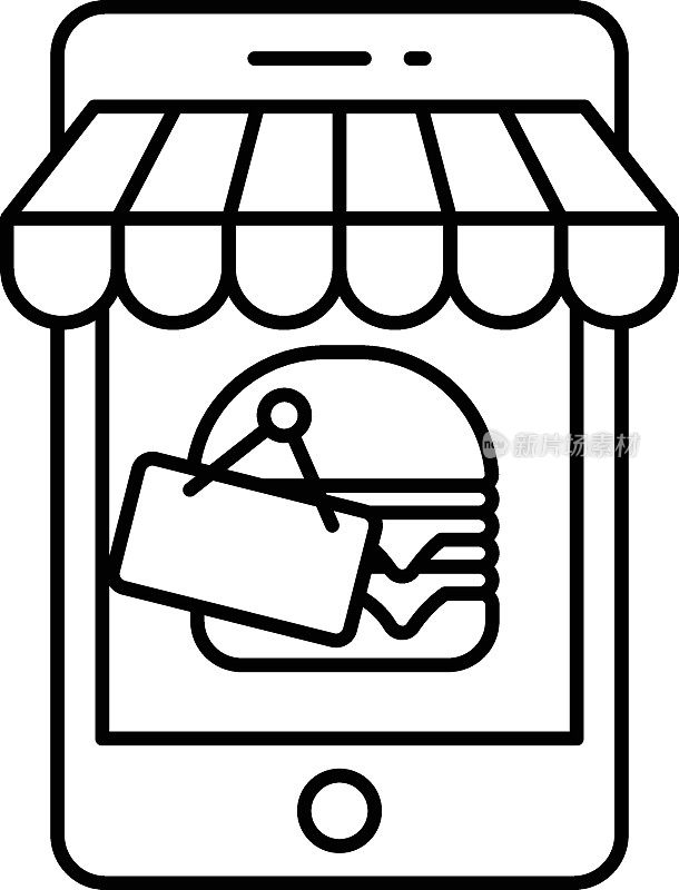 幽灵厨房矢量线图标设计，零售食品配送服务符号，触摸少餐快递标志，杂货皮卡库存插图，在线订餐平台概念，