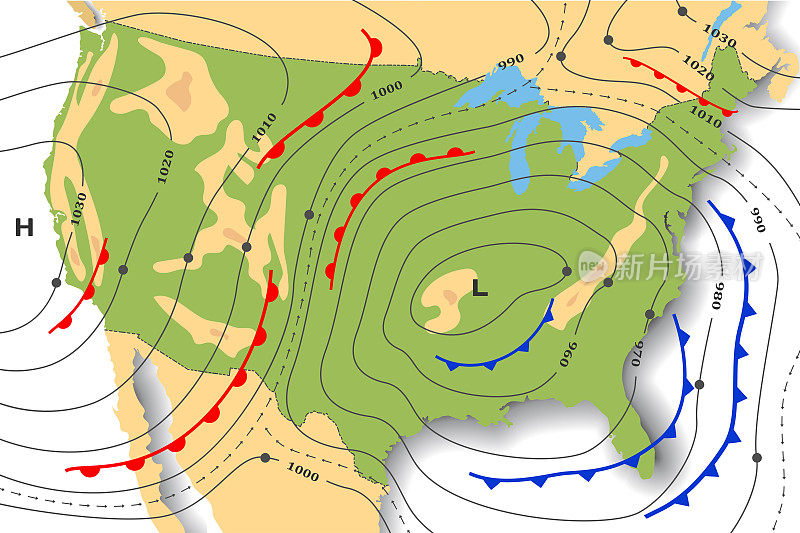 美国天气预报图。带有地理地貌和海拔的地形图。带有运动锋、气旋和反气旋风的天气图模板，图表、等压线、温度