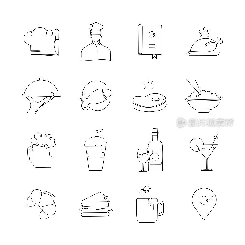 餐厅和食品相关的单线图标。大纲符号集合