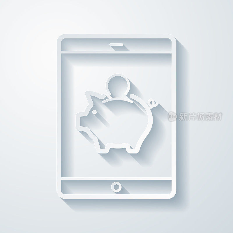 带存钱罐的平板电脑。空白背景上剪纸效果的图标