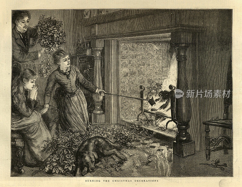 庆祝活动结束后，一家人在火上焚烧圣诞装饰品，英国19世纪维多利亚时代