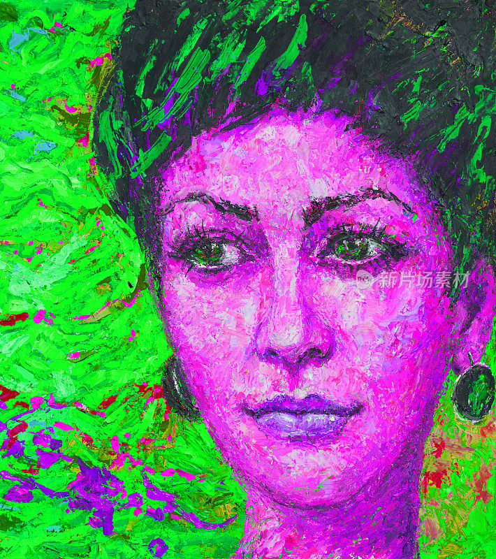 插画艺术油画肖像的年轻女子与深色头发在一个明亮的背景在绿色色调