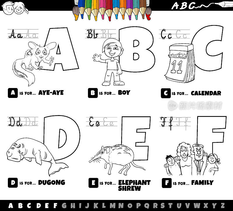 教育卡通字母设置从A到F彩页