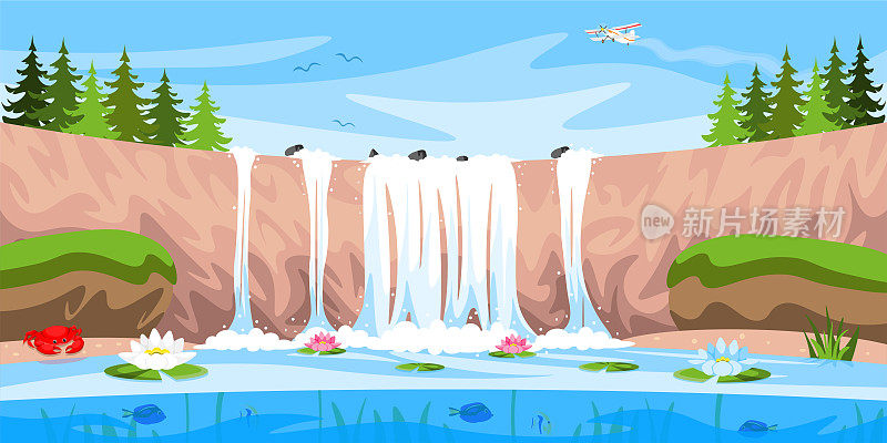 一个美丽的夏季瀑布矢量插图。卡通森林景观，瀑布，湖泊，百合，鱼，螃蟹，飞机。