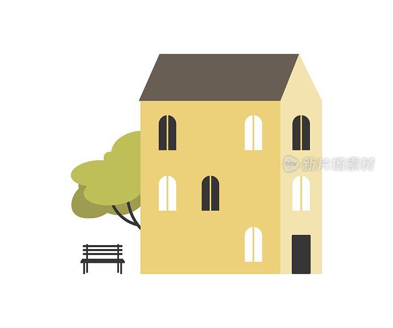 外观舒适的住宅建筑。Facade城市建筑。白色背景的房子和长椅。简约主义风格的简单插图。平面矢量孤立在白色背景。