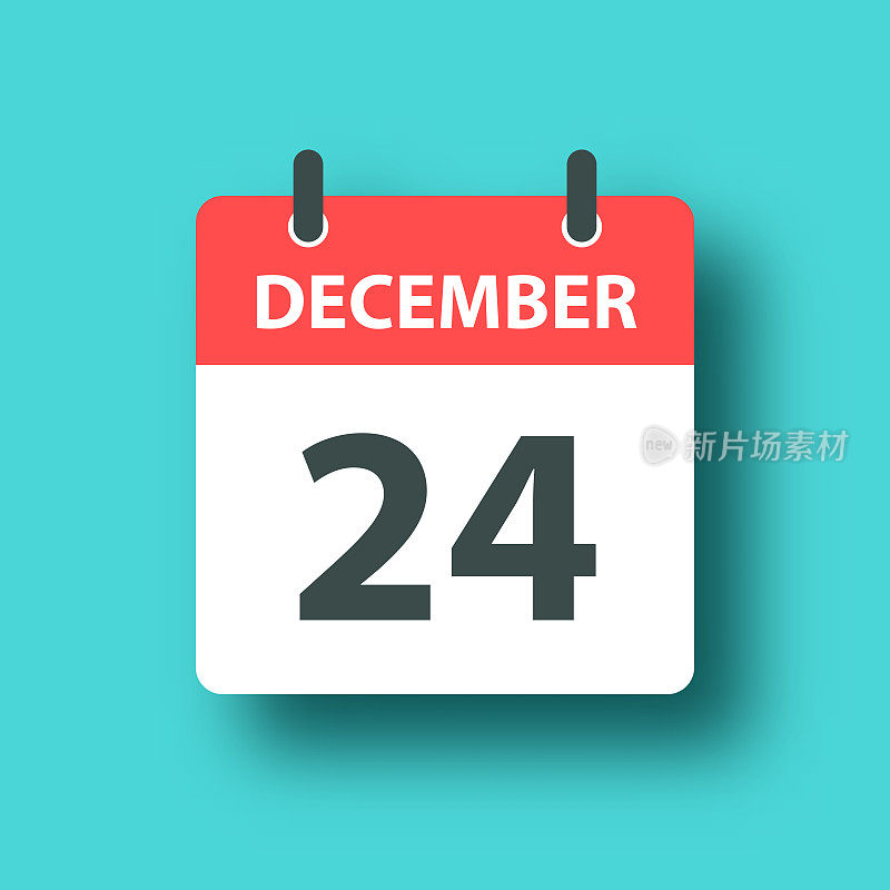 12月24日-日常日历图标上的蓝色绿色背景与阴影