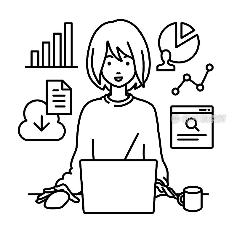一名穿着休闲风格的女性拿着马克杯坐在办公桌前，用笔记本电脑浏览网站、搜索资料、在云端共享文件、分析和做报告