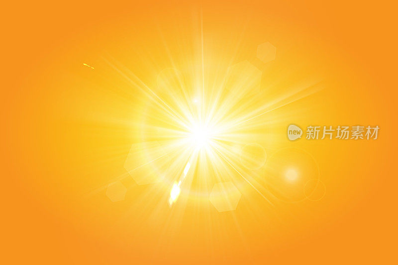 黄色背景上温暖的阳光。太阳射线。光的效果。