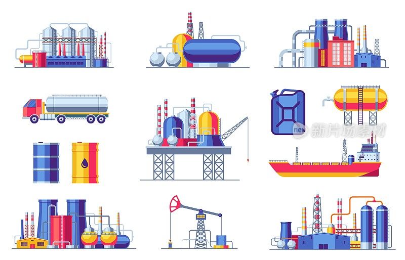 石油开采和生产图标。燃气工业建筑，石油桶管道煤炭运输标志卡通风格。向量孤立集