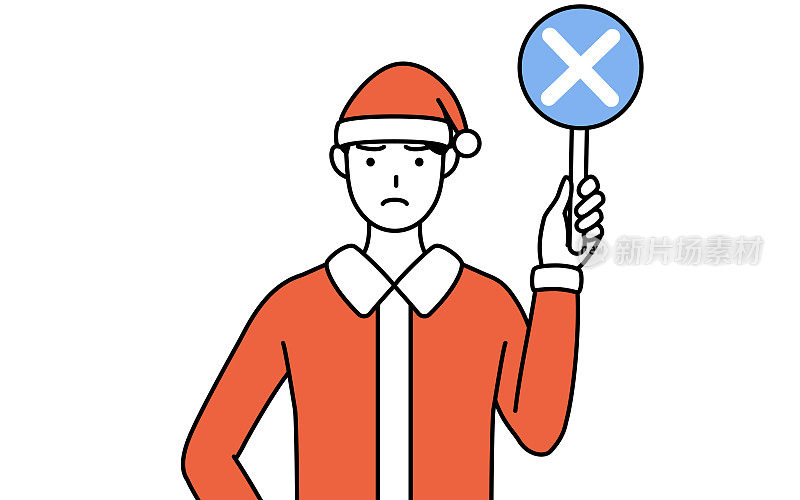 简单的线描插图，一个男人打扮成圣诞老人拿着一串但是指示错误的答案。