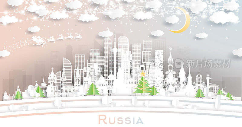 俄罗斯冬季天际线剪纸风格与雪花，月亮和霓虹花环。
