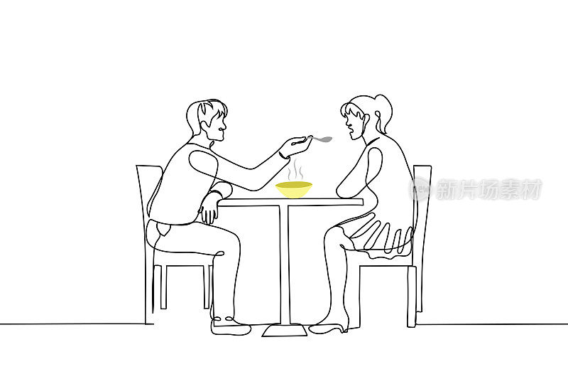 男人用勺子喂女人-一条线画的向量。概念监护人将肉汤喂给病人;调情或款待爱人