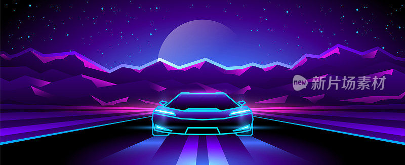 未来的霓虹灯汽车行驶在夜间高速公路上