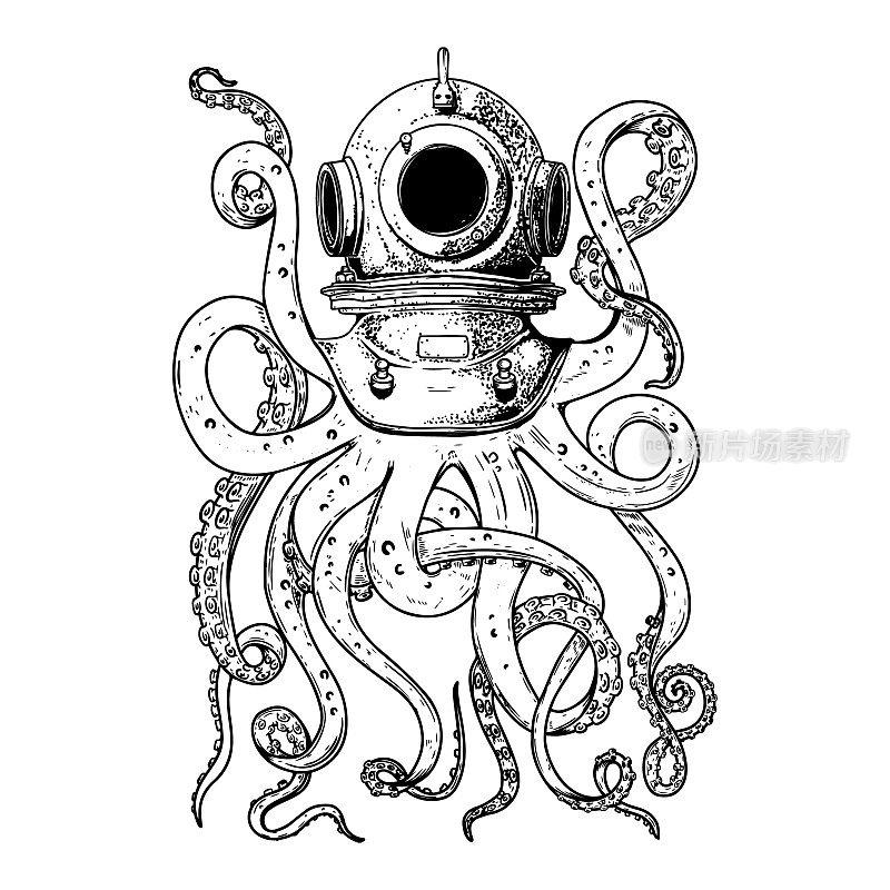 插图的复古潜水员头盔与章鱼触手。海报，卡片，t恤的设计元素。矢量图