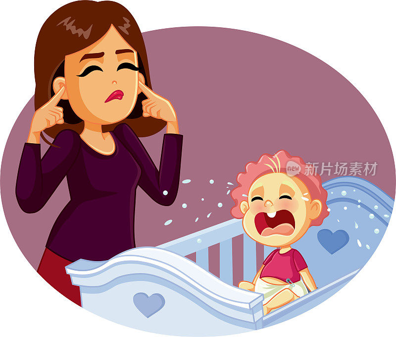 疏忽的母亲忽视她的婴儿哭泣矢量卡通