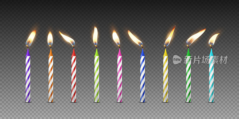 矢量3d现实石蜡或蜡燃烧的生日聚会蜡烛和不同的火焰蜡烛图标集隔离。设计模板，剪贴画，生日概念