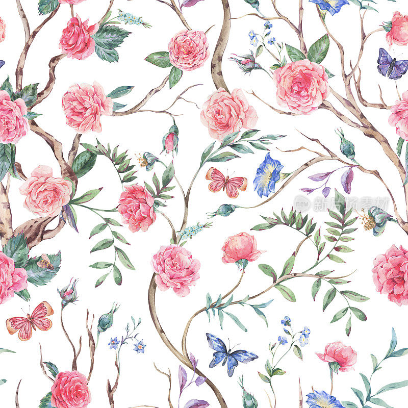 水彩画花园玫瑰花束，盛开的树无缝图案，白色上的中国风花卉纹理