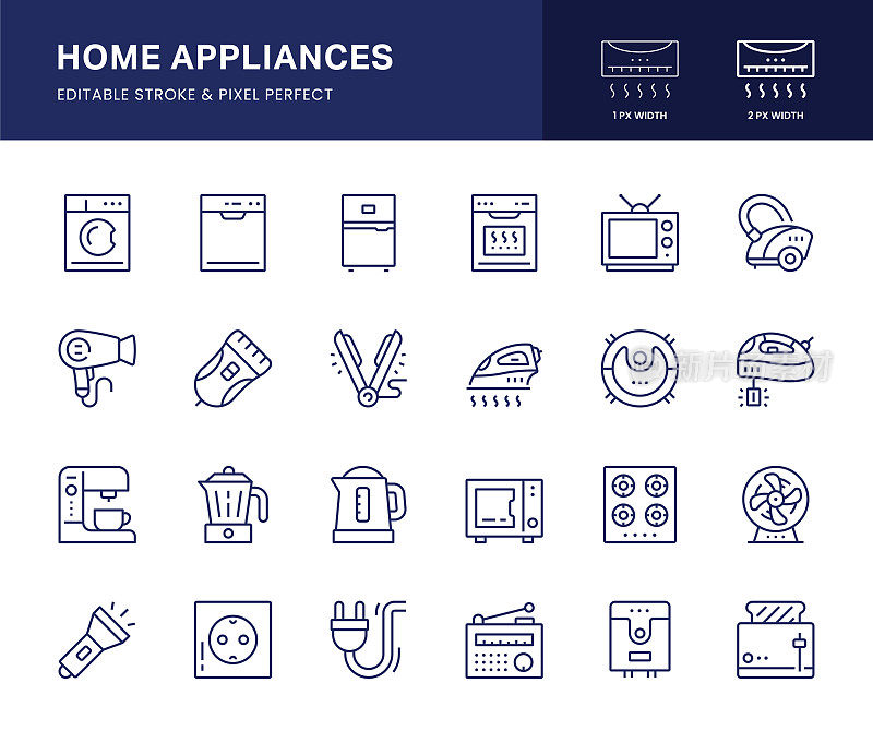 家用电器线路图标。这个图标集包括洗衣机，洗碗机，冰箱，炉子，电视等。
