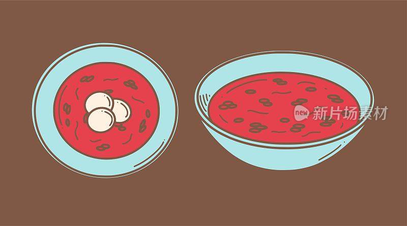 红豆汤，香甜的中国红豆汤。中国新年甜点矢量插图