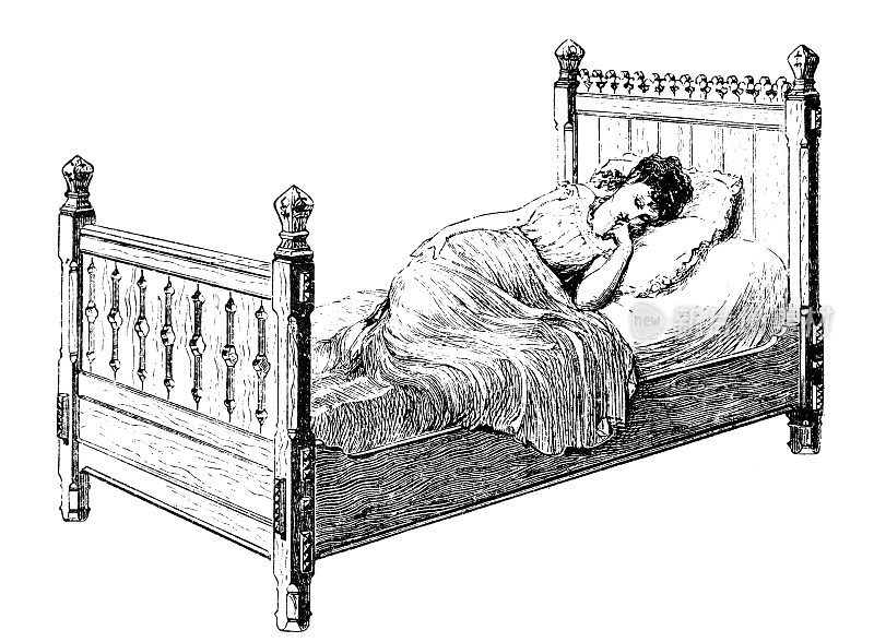 年轻女子躺在床上，手放在下巴上思考，白色背景