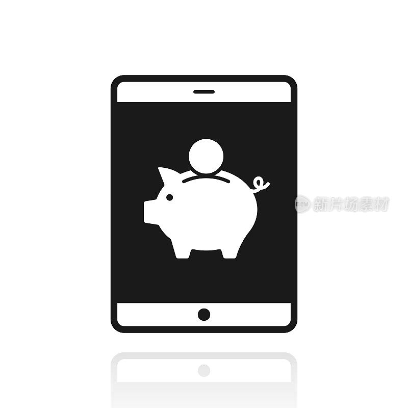 带存钱罐的平板电脑。白色背景上反射的图标