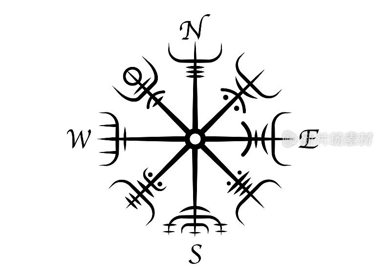 维京异教徒Asatru指南针，Vegvisir风玫瑰，导航符文指南针，北欧神话。旅行者的护身符。流浪的神奇领航员。矢量纹身隔离在白色背景上