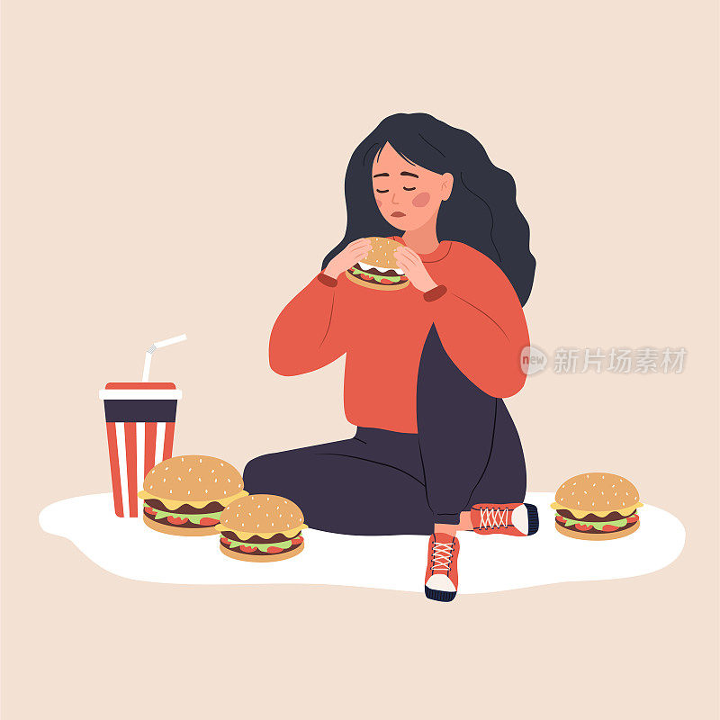 饮食失调。吃快餐的抑郁女人。暴饮暴食的概念。坏习惯。食物上瘾。矢量插图在平面卡通风格