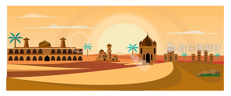 正午烈日下的中东城市。阿拉伯沙漠景观与传统的砖石建筑。