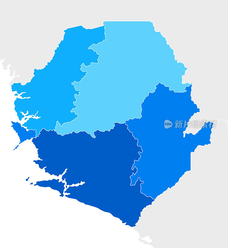 高度详细的塞拉利昂蓝色地图与地区和国家边界