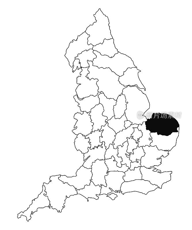 英国诺福克郡白底地图。在英格兰行政地图上，单个县的地图用黑色突出显示。英国，英国，英国