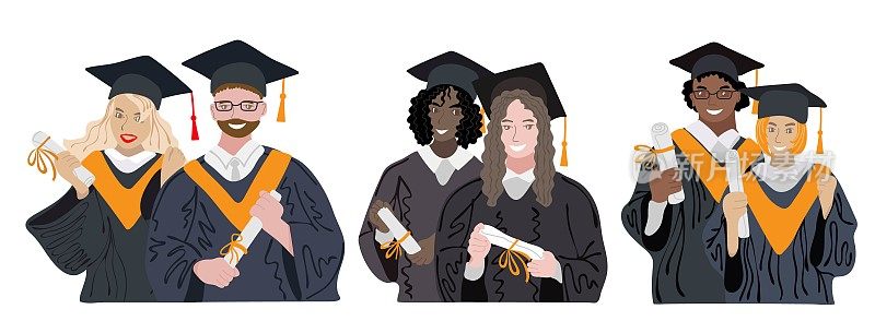 不同民族的毕业生。快乐的学生身穿学士服，头戴毕业帽，组带学历证书