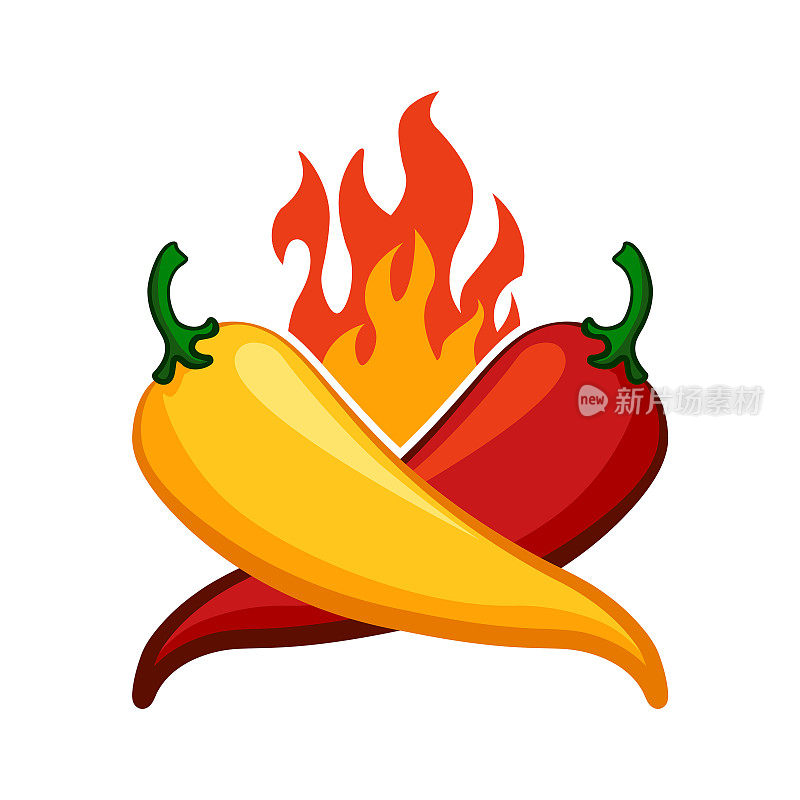 红色和黄色辣椒与火焰