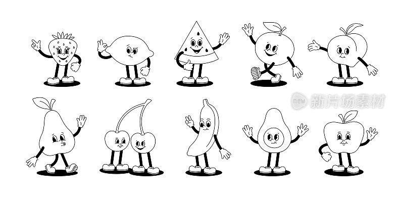 矢量集卡通复古吉祥物单色插图行走的水果和浆果。复古风格的30年代，40年代，50年代的老动画。这幅剪纸被孤立在白色背景上。