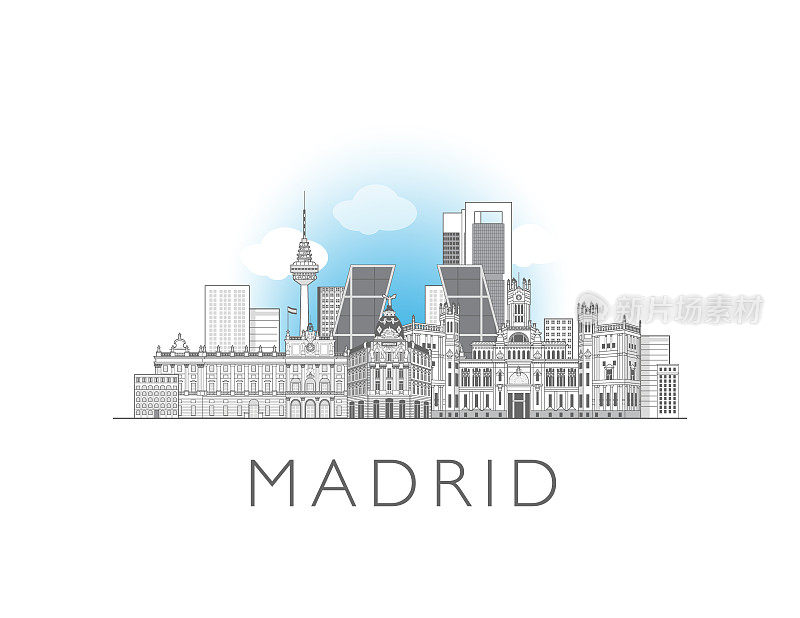 西班牙马德里城市景观线条艺术风格矢量插图