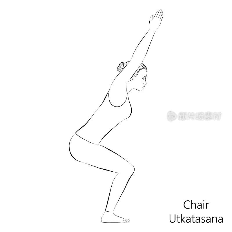 年轻女子练习瑜伽的草图，做椅子姿势或激烈的姿势或Utkatasana。站立和平衡。初学者。矢量插图隔离在透明的背景。