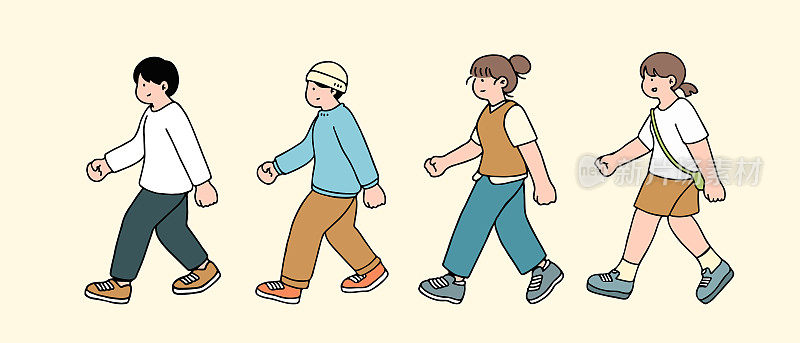 一幅插图展示了走在街上的人的性格。年轻的女孩和男人被描绘在侧面视图中，在白色背景上孤立地行走。