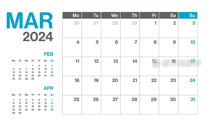 2024年3月-每月季度日历。极简风格的景观水平日历2024年。向量模板。这一周从星期一开始